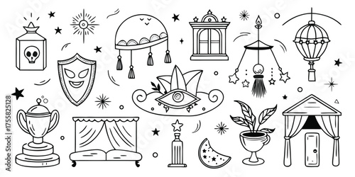 Whimsical doodle collection featuring adventure items tropies shields and magical elements