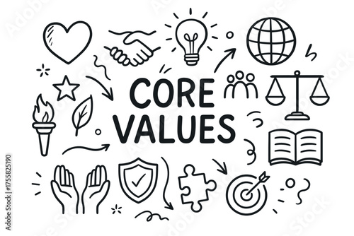 Core values concept with doodle icons: globe, hands, puzzle, light bulb, heart