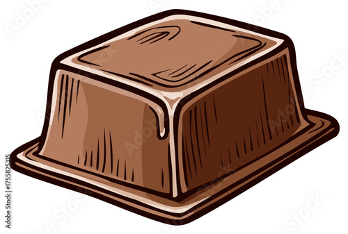 Rich chocolate block or pudding dessert illustration with a glossy glaze dripping down the side