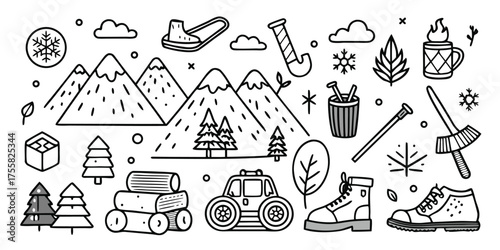 Winter adventure gear icons mountains snowflakes trees boots and equipment collection
