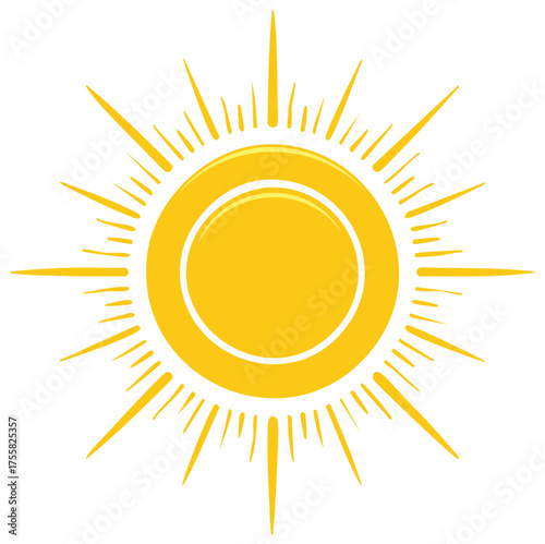 Radiant yellow sun with spiky rays, sunny weather symbol, summer sunshine clipart, sunshine and brightness illustration, sunbeam