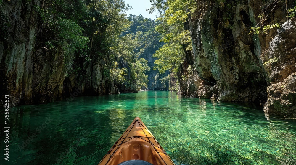 Fototapeta premium Serene Kayaking Adventure Through Lush Green Canyons and Crystal Clear Waters in a Tropical Paradise Landscape with Vibrant Nature Surroundings