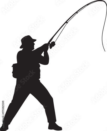 Silhouette of a Fisherman Casting a Fishing Rod, Capturing the Excitement of Angling