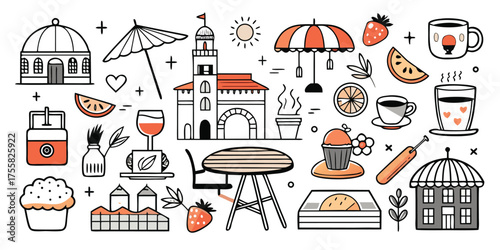 Charming european summer vacation vibes doodle collage travel adventure icons