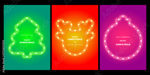 Christmas greeting card set of LED strip light frame. Decorative element ring tape lamp flyer. Glowing LED neon flex colorful border poster for cards, invitations, banners, tags, marketing promotions.