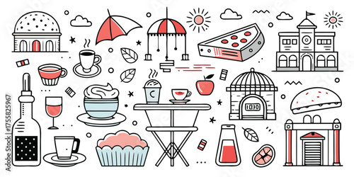 Whimsical collection of cafeteria and travel icons hand drawn style