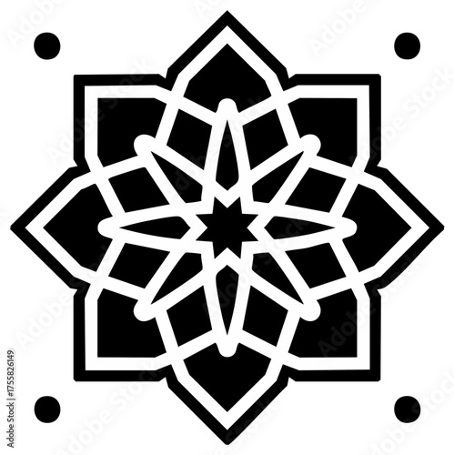 Symmetrical Islamic geometric star pattern black and white vector icon