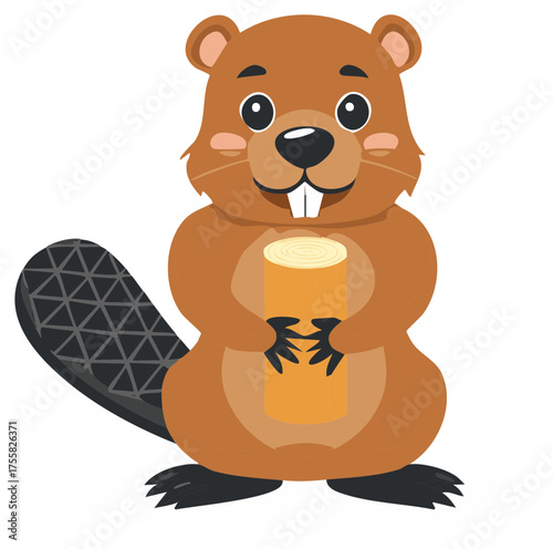 Cute Cartoon Beaver Character Holding a Wood Log Vector Illustration