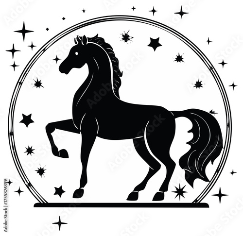 Silhouette of a prancing horse within a star studded circle graphic