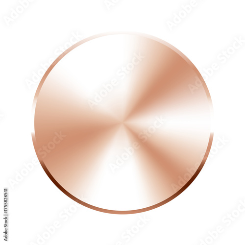 Radial gradient metallic bronze medal. Metal chrome circle volume button. Winner award trophy badge coin. Shiny badge label banner background. Quality certificate round hologram sticker frame.
