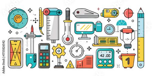 Colorful collection of scientific and measuring tools and instruments for education and science