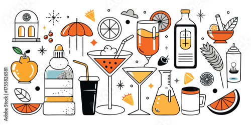 Vibrant collection of hand-drawn cocktails and drinks perfect for summer adventures