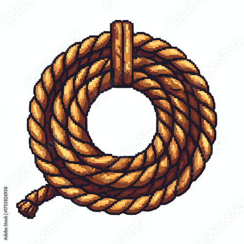 A neatly coiled length of thick brown rope in a pixelated art style, isolated on a white background.