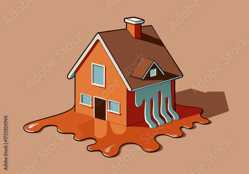 Melting House Illustration Symbolizing Economic Crisis and Real Estate Instability
