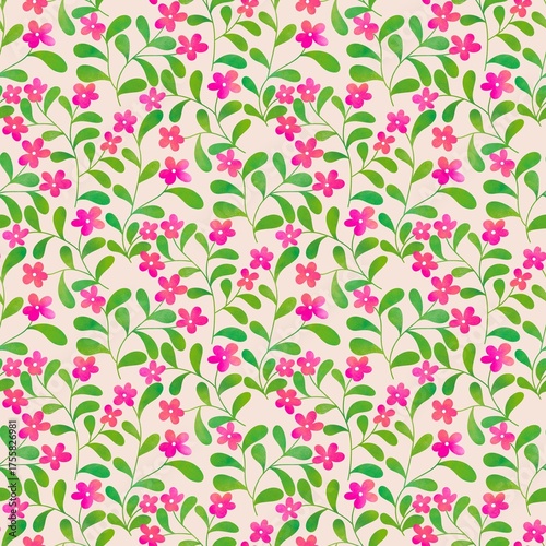 Vibrant Garden Pattern with Pink Flowers and Green Foliage