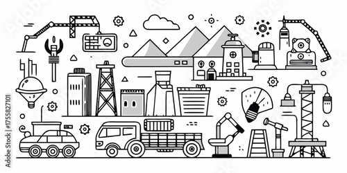 Whimsical outline scene of industrial construction and transportation elements