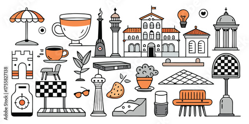 Whimsical sketch collection of city life travel adventure and architectural landmarks