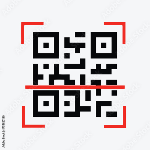 Scalable vector graphic of a qr code scan icon with red corner markers and horizontal line silhouette vector illustration white background