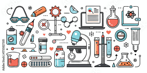 Science lab equipment and research icons collection for medical and educational adventures