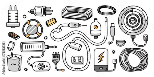 Collection of electrical adapters plugs and cables in a detailed sketch style