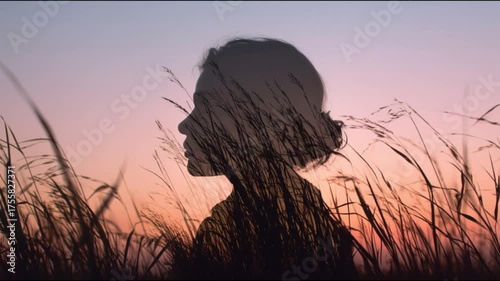Double Exposure Silhouette of Woman with Tall Grass