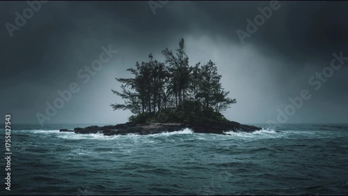 Dark Stormy Island in the Middle of Rough Sea