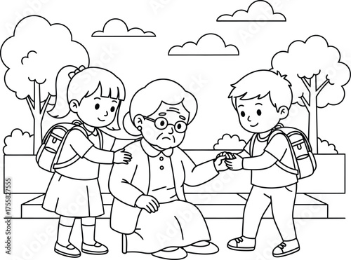 kind children helping old woman sit on bench, empathy, community support, intergenerational care