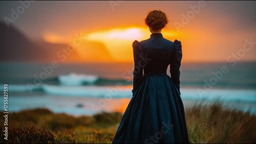 Woman in Vintage Dress Watching Sunset by the Ocean