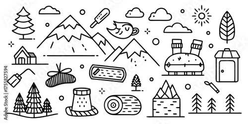 Doodle adventure elements snow mountains forest cabins and campfire icons for travel graphics
