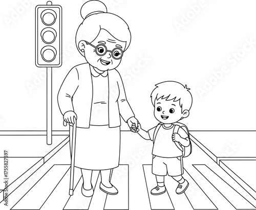 kind boy helping elderly woman cross street, pedestrian safety, community care, intergenerational bond