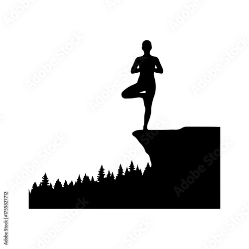 Woman meditating on cliff with transparent background