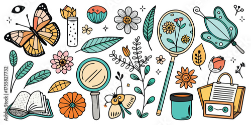 Butterfly botany magnifying glass and nature adventure sketch collection