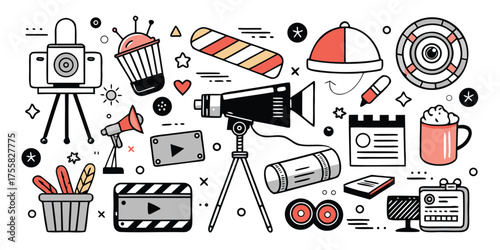 Creative vlogging and content creation doodle art elements for travel and adventure