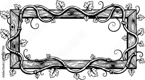 Quadro su tela Rustic wood frame entwined with delicate vines and leaves, perfect for invitatio