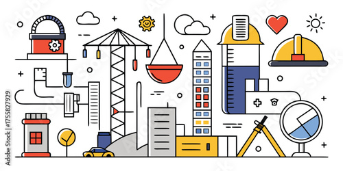 Construction and engineering concepts illustrated with buildings cranes and tools