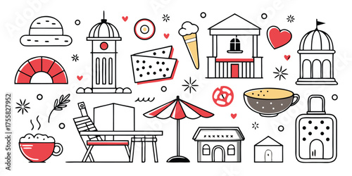 Charming hand-drawn travel and leisure icons representing european city exploration and relaxation