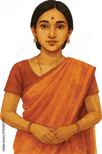 A watercolor vector illustration of an elegant beautiful indian or bangladesh woman in traditional clothing