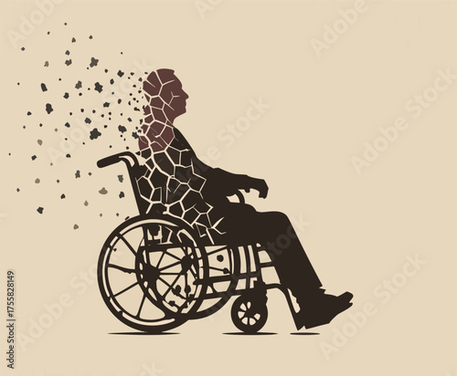 Abstract Illustration of Man in Wheelchair Disintegrating into Particles