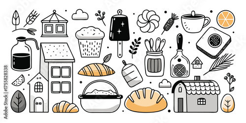 Whimsical doodle collection of bakery treats houses and countryside elements