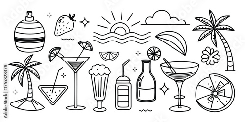 Doodle summer vacation beach party icons palm trees cocktails fruit sun clouds