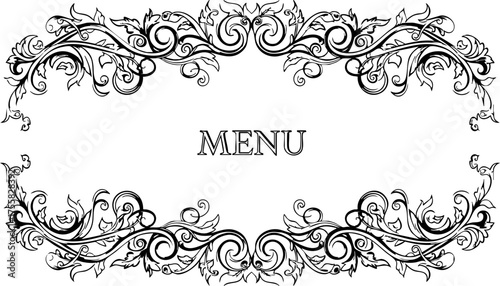 Elegant floral frame design for menu card, invitation, or announcements with vintage botanical swirls and decorative flourishes. Perfect for weddings