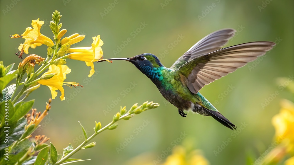 Obraz premium A vibrant green hummingbird sips nectar from bright yellow flowers in a lush garden, its iridescent feathers shimmering in the sunlight, creating a beautiful scene