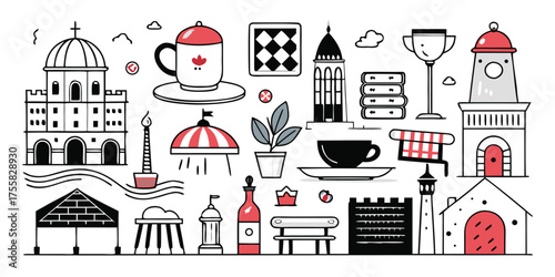 Whimsical travel adventure collage featuring buildings coffee books and landmarks