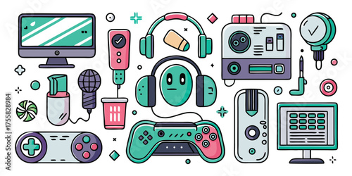 Gaming and audio gear collection featuring computers microphones and controllers