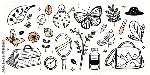 Whimsical travel and adventure elements featuring butterflies plants and bags