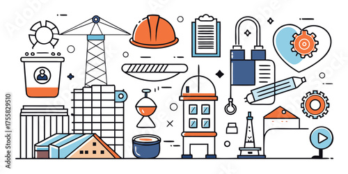 Construction project elements sketch with buildings crane safety gear and creative design ideas