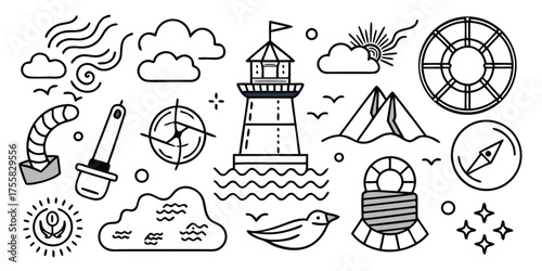 Nautical adventure sketch collection featuring lighthouse tent compass and lifebuoy