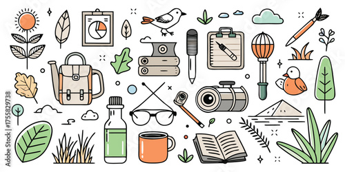 Hand-drawn collection of travel and adventure icons perfect for outdoor enthusiasts