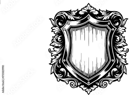 Elegant ornate shield emblem with decorative flourishes, perfect for heraldry, branding, and premium design projects seeking vintage sophistication.
