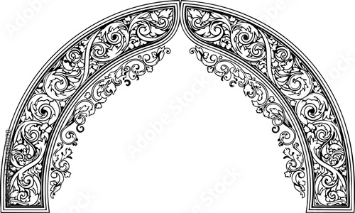 Elegant ornate archway decorative flourish, vintage scrollwork, intricate filigree, classic architectural detail, formal entryway design element